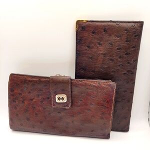 Gucci Vintage Ostrich Long Wallet And Checkbook Set
